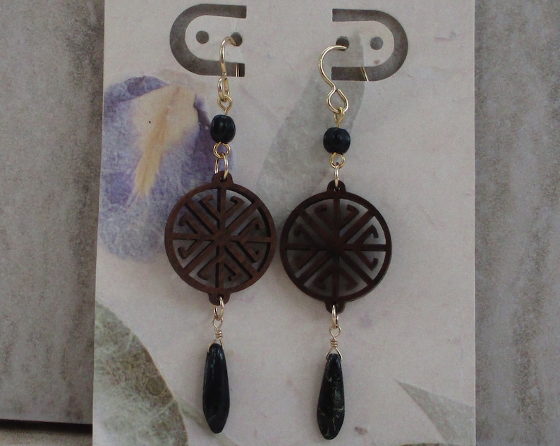 Small Wood Earrings with Black Drop Dangling Wood Earrings