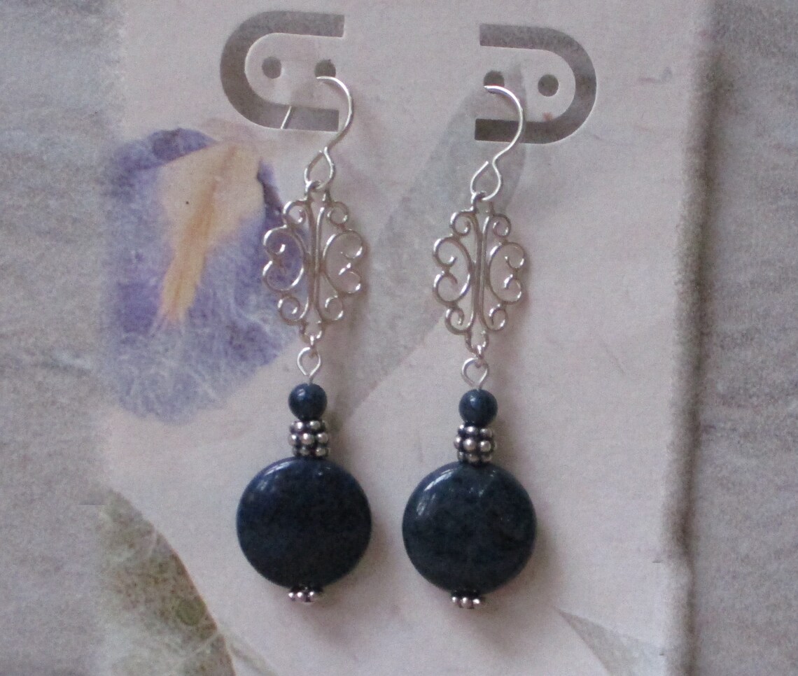 Navy Blue Earrings Silver Dangling Navy Blue Stone Earrings Etsy