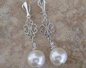 Pendientes Clip-On con Perlas Blancas Swarovski / Pendientes de Novia / Boda