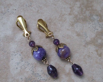 Purple Clip-On Earrings | Charoite Stone | 24k Gold-Plated Silver Clips