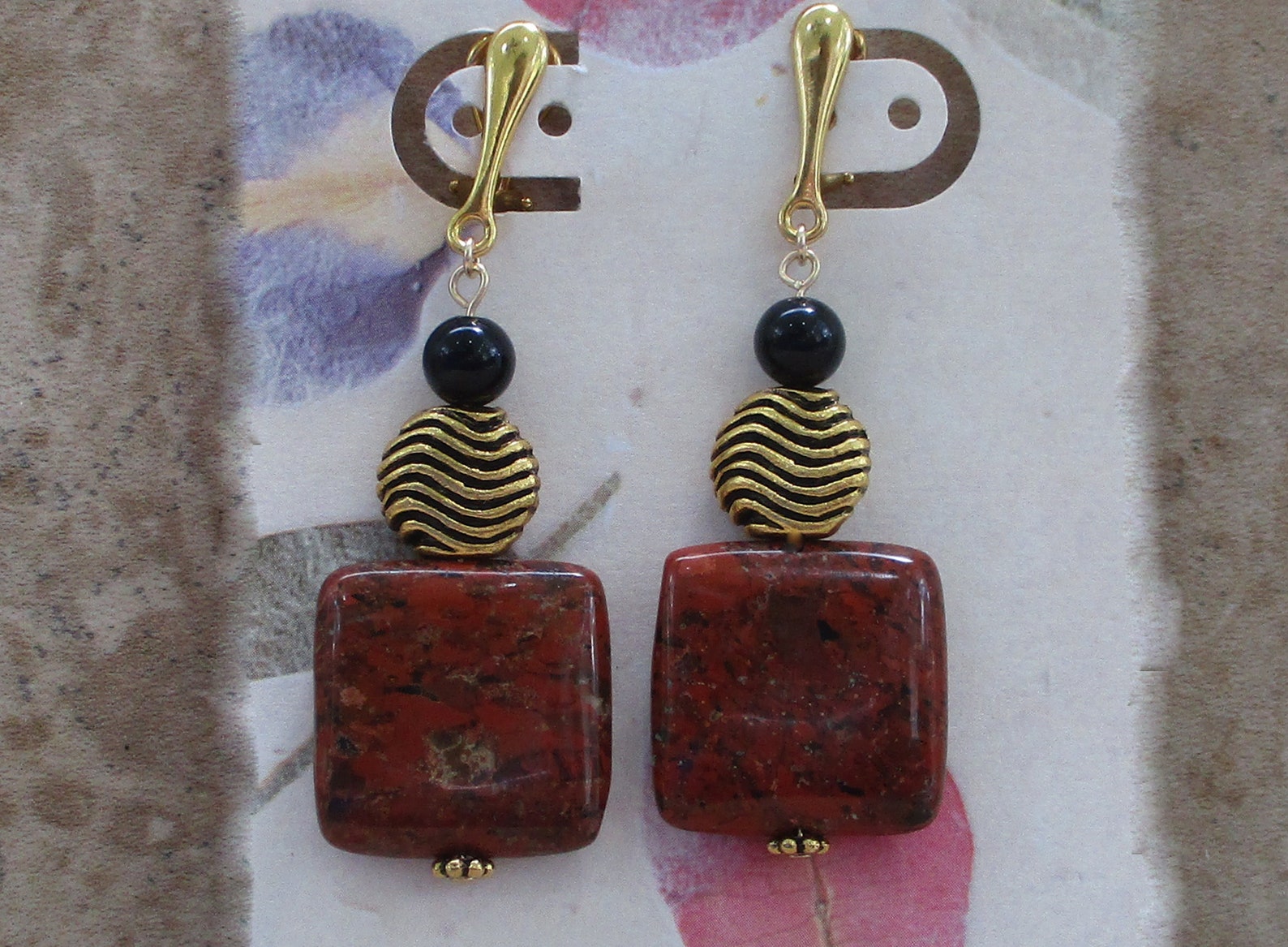 Red Clipon Earrings Red Stone Clipon Earrings Red Brecciated Jasper