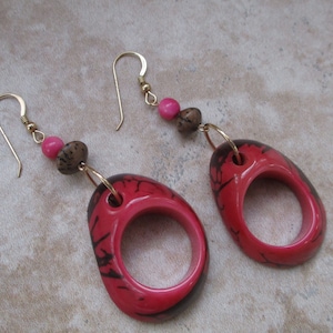 Dark Pink Tagua Earrings | Chunky Tagua Nut Earrings | Tagua Donut Earrings | Gold-Filled Ear Wires