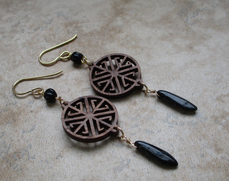 Small Wood Earrings with Black Drop Dangling Wood Earrings