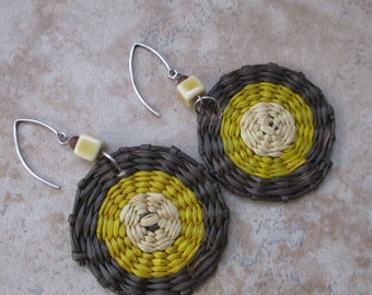 Yellow and Brown Iraca Earrings | Sterling-Silver Ear Wires | Woven Earrings