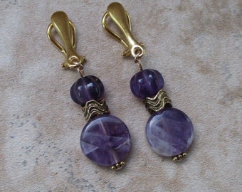 Purple Clip-On Earrings | Dog Tooth Amethyst Stone | 24k Gold-Plated Silver Clips