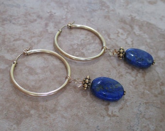 Aretes de aro de piedra azul / piedra de lapislázuli / aros llenos de oro de 14k