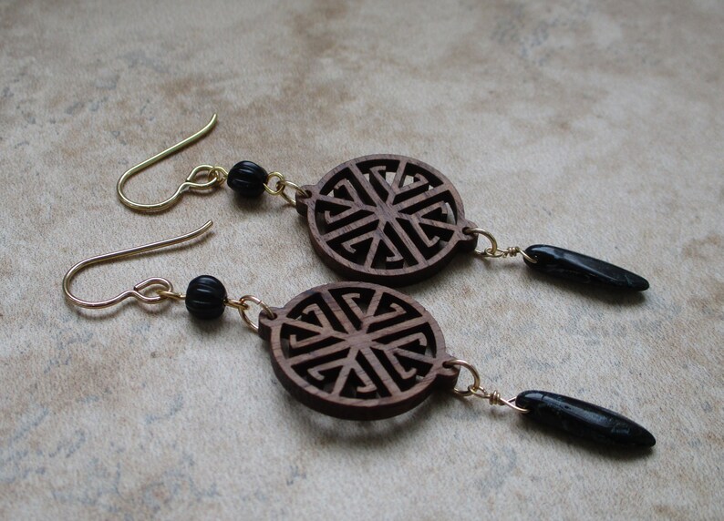Small Wood Earrings with Black Drop Dangling Wood Earrings