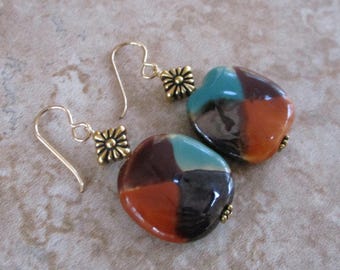 Multi-Brown and Teal Kazuri Earrings | 14k Gold-Filled