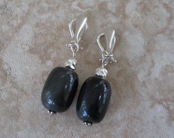 Black Clip-On Earrings Silver | Rainbow Obsidian