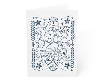 Akvarellkort med skotsk terrier i Chinoiserie-stil | Blå blommig hälsning (12,5 x 18 cm)