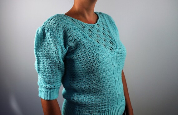 Vintage pastel green sweater knit top puffy sleeve