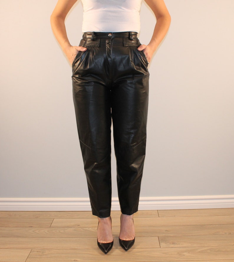 Vintage black leather pants high waisted with front pleating Etsy