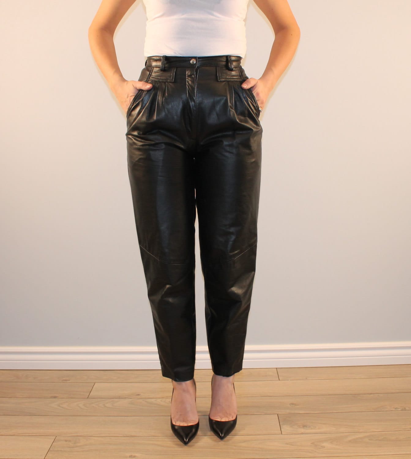 Vintage black leather pants high waisted with front pleating Etsy