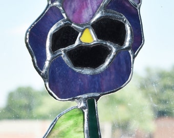 Deep Purple Pansy Flower Stained Glass Suncatcher Hanging Window Ornament