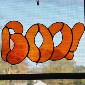 Boo! Bubble-Style Letter Text with Hanging Spider Stained Glass Suncatcher Window Hanging Ornament