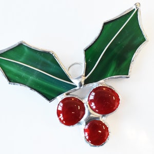 Festive Holly Berries with Leaves Stained Glass Suncatcher Window Ornament