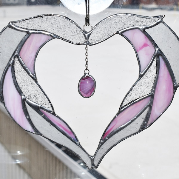 Feathery Frosty Pink and Clear Heart Stained Glass Suncatcher Ornaments
