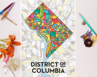 District of Columbia (Washington, DC) Neighborhoods Map Art Print