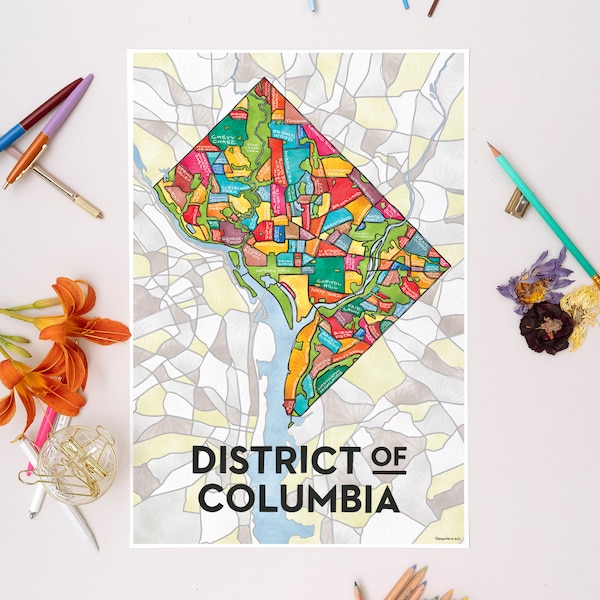 District of Columbia (Washington, DC) Neighborhoods Map Art Print