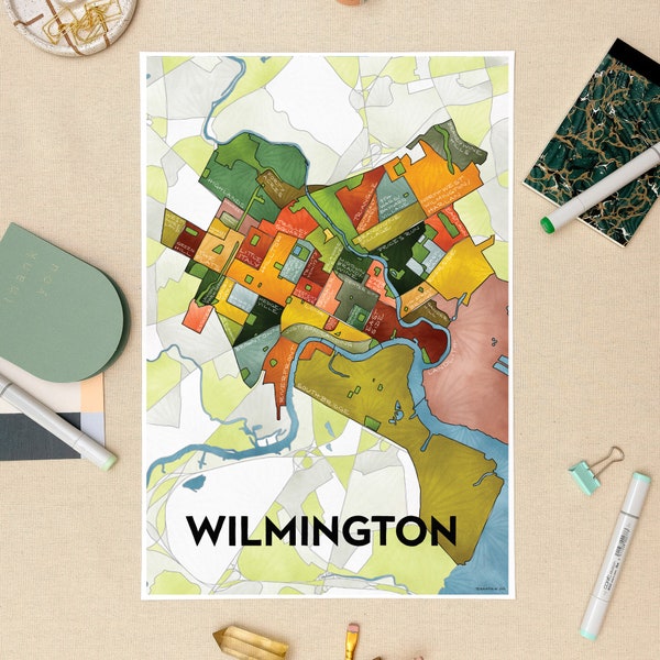 Wilmington DE Neighborhoods Map Art Print