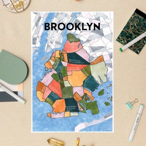May include: A colorful illustrated map of Brooklyn, New York City, with the names of each neighborhood labeled. The map is drawn in a hand-drawn style with a blue background and green, orange, pink, and brown colors.