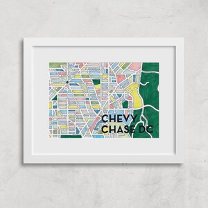 May include: A colorful hand-drawn map of Chevy Chase, DC, with the neighborhood name in bold black text.