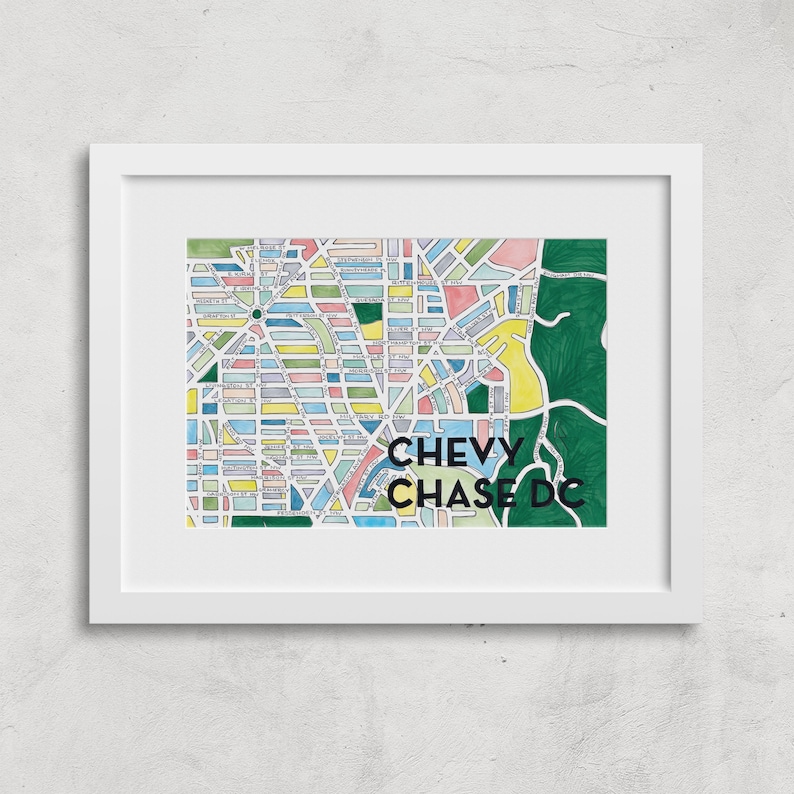 May include: A colorful hand-drawn map of Chevy Chase, DC, with the neighborhood name in bold black text.