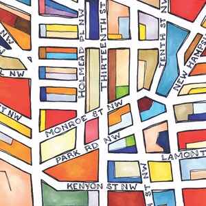 May include: A hand-drawn map of a neighborhood with street names like 'Holmead PL NW', 'Thirteenth ST', 'Monroe ST NW', 'Park RD NW', 'Kenyon ST NW', 'TENTH ST NW', 'New Hampshire AVE', and 'Georgia AVE NW'. The map is drawn in a colorful style with different colored blocks representing buildings and streets.