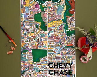 Impresión artística del mapa del vecindario de Chevy Chase MD