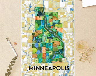 Impresión artística del mapa de los barrios de Minneapolis
