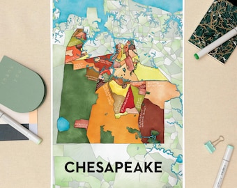 Impresión artística del mapa de los barrios de Chesapeake