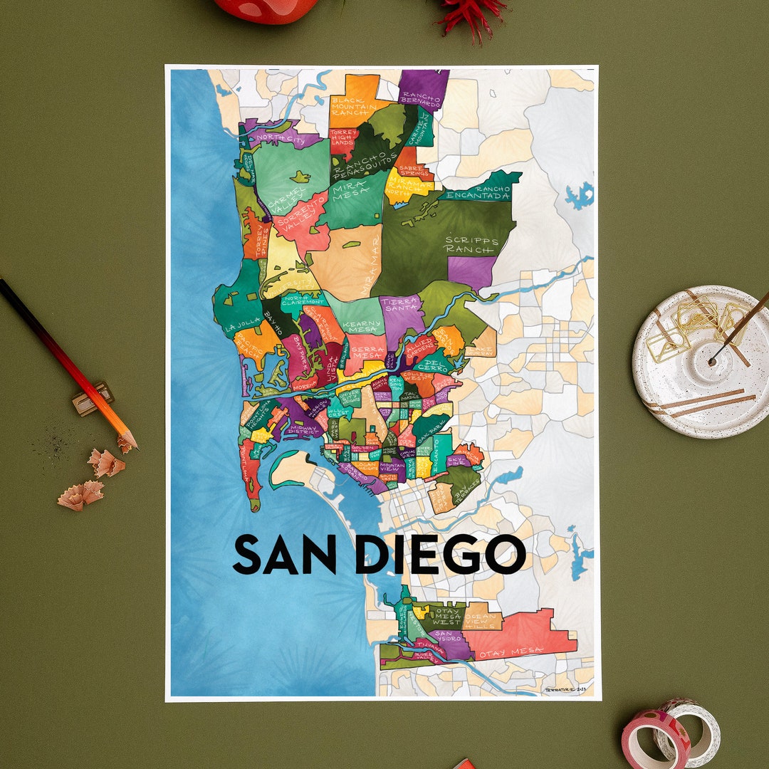 San Diego Neighborhoods Map Art Print Etsy