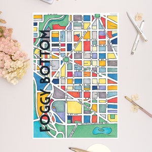 May include: A colorful hand-drawn map of Foggy Bottom, Washington, D.C. The map includes street names and landmarks, such as the Washington Circle and the Pennsylvania Avenue.