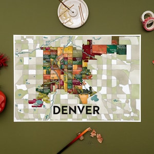 May include: A colorful map of Denver, Colorado, with the city's neighborhoods outlined in different colors. The map is titled "DENVER" in large, black letters.
