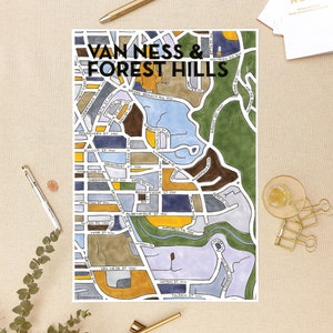 May include: A hand-drawn map of the Van Ness and Forest Hills neighborhoods in Washington, D.C. The map is in a watercolor style with blue, green, yellow, and brown colors. The map shows the streets and landmarks of the area.