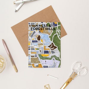 May include: A colorful illustrated map of the Van Ness and Forest Hills neighborhoods in Washington, D.C. The map is printed on a white card with black text.