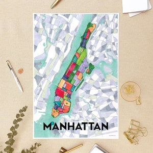 May include: A colorful map of Manhattan, New York City, with each neighborhood outlined in a different color. The map is drawn in a hand-drawn style with a watercolor effect. The word "MANHATTAN" is written in bold, black letters at the bottom of the map.