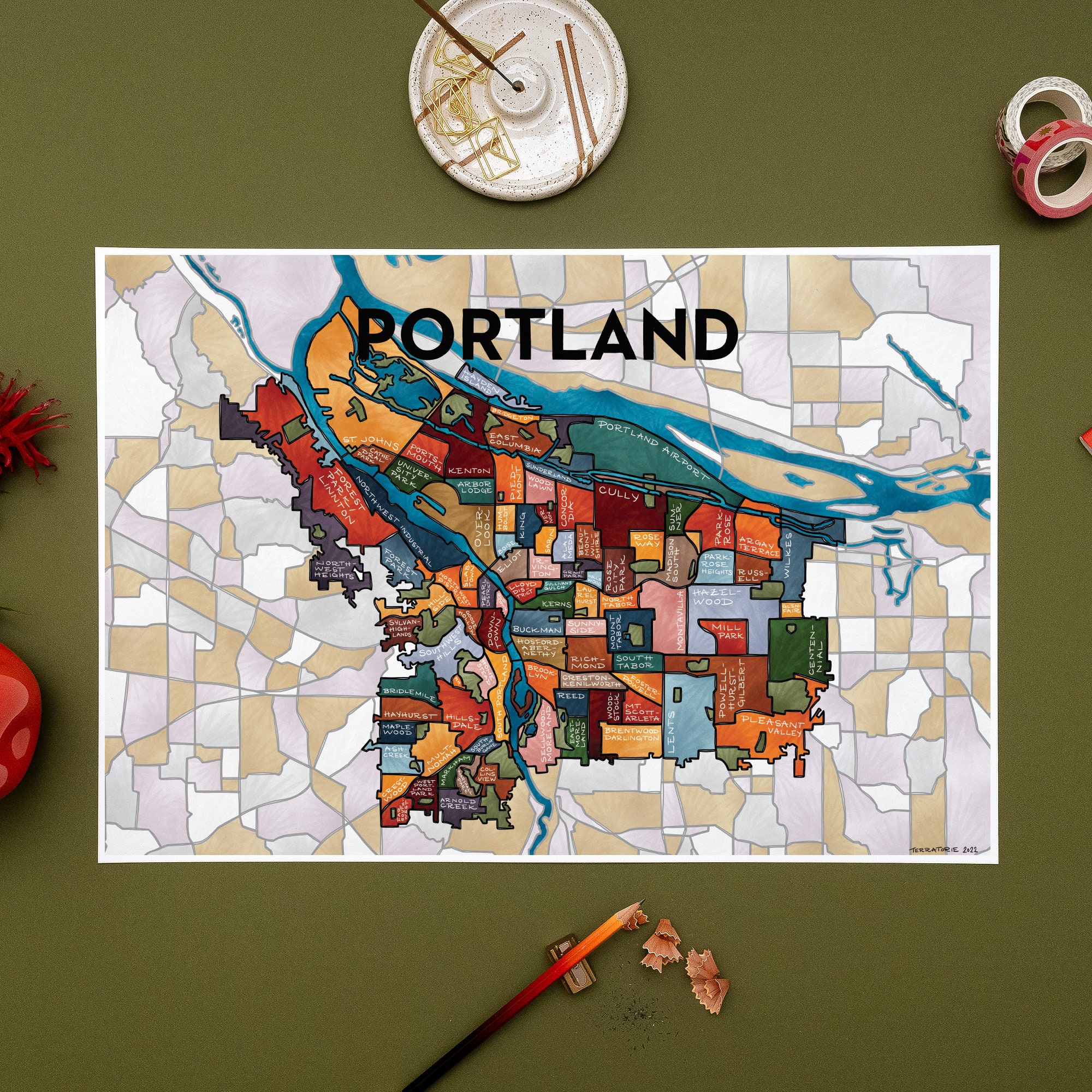 Portland Neighborhoods Map Art Print