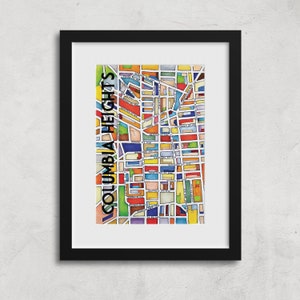 May include: A colorful watercolor illustration of a map of Columbia Heights, a neighborhood in Washington, D.C. The map is filled with different colored blocks, each representing a different street or block. The text "COLUMBIA HEIGHTS" is written vertically on the left side of the map.