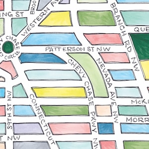 May include: A hand-drawn map of a neighborhood with street names like Chevy Chase Circle, Patterson St NW, and Branch Rd NW. The map is drawn in a variety of colors, including green, blue, yellow, and pink.