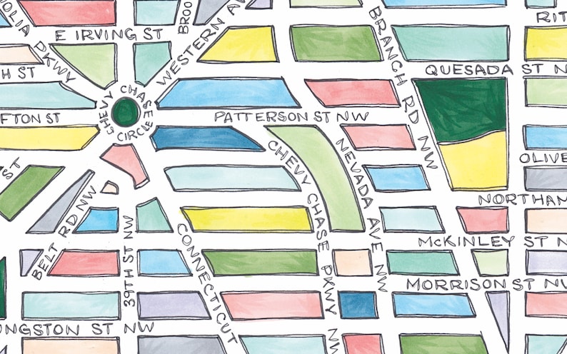 May include: A hand-drawn map of a neighborhood with street names like Chevy Chase Circle, Patterson St NW, and Branch Rd NW. The map is drawn in a variety of colors, including green, blue, yellow, and pink.