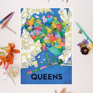 May include: A colorful map of the borough of Queens in New York City. The map is divided into different neighborhoods, each with a different color. The map is surrounded by a blue border and the word "QUEENS" is printed in large, bold, black letters at the bottom.