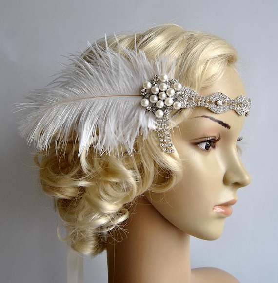 Rhinestone Headband Headpiece With Feathers Great Gatsby Etsy