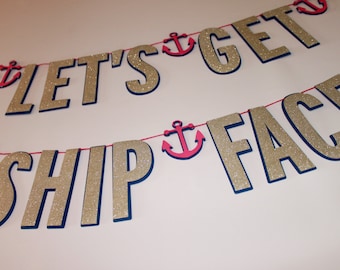 Låt oss få en fartygsbanner - marinblå, guld och rosa, nautisk banderoll, ankare, för möhippa, födelsedagsfest