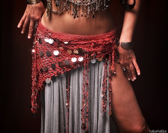 Sciarpa dell'anca di danza del ventre con paillettes, sciarpa dell'anca Tribal Fusion, Costume di danza del ventre, cintura tribale Ats, sciarpe da ballo, Hip Wrap, costume da uomo in fiamme