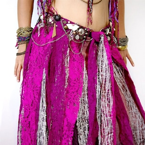 Burning man dress, Fringe dance Belt, Tribal Fusion Costume, Pink lace Bellydance piece, Fairy Dancing belt
