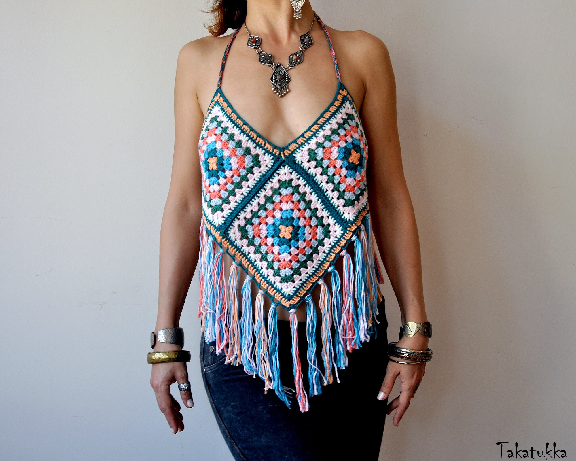 Granny Square Top Halter Top Crochet Fringe Top Festival - Etsy