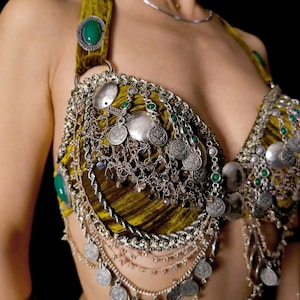 Belly Dance Costume, 34C , Tribal Fusion Bra, Silver top , Coin Tribal Bra, Belly Dancing Bra, Bellydance bra, Festival Bra