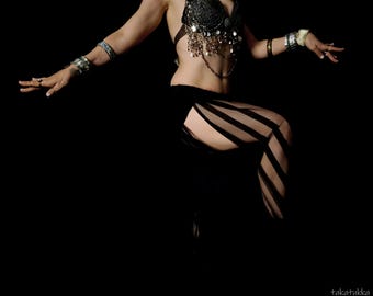 Black Lace Slit Harem Pants: Belly Dance Costume, Open Hip Pantaloons