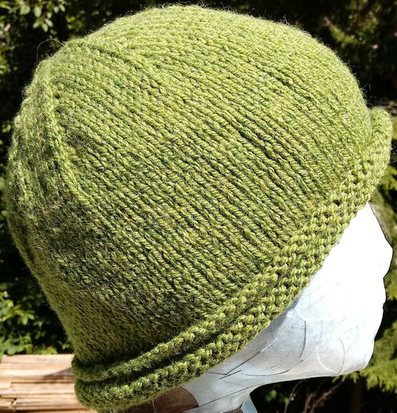 Green Roll Edge Beanie Hand Knit 